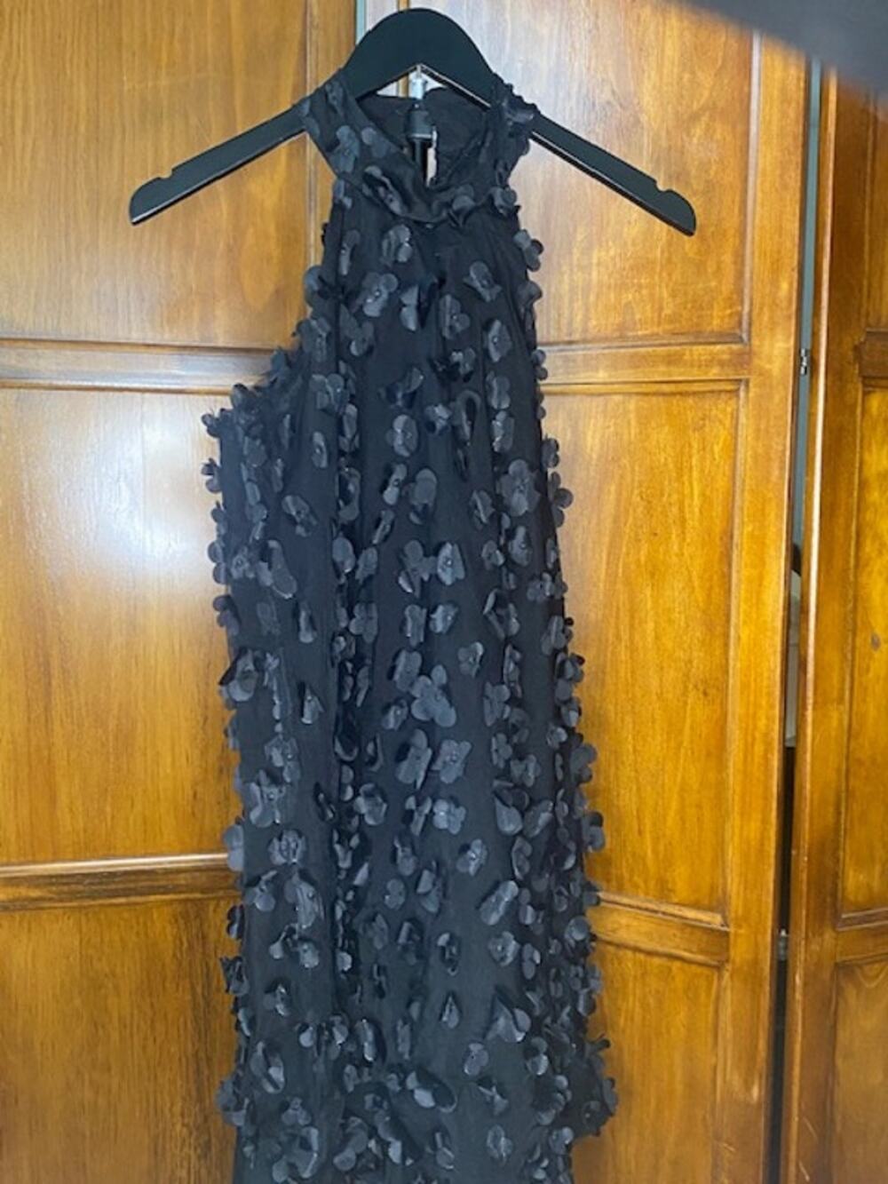 SHEIN Black 3D Floral Applique Halter Mini Dress Women's Medium Party Cocktail